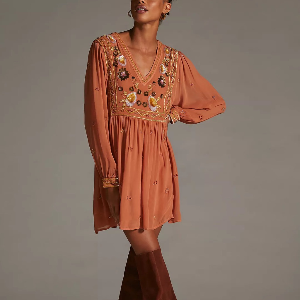 Anthropologie Let Me Be Sheer Terra Cotta Beaded Tunic Dress